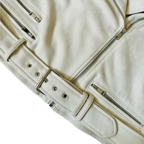 Philosophy Cream Faux Leather Suede Moto Jacket Asymmetrical Zipper Belt Size L - Picture 9 of 13